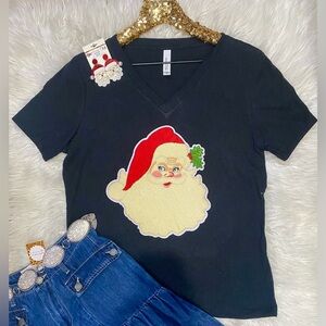 BRAND NEW WITH TAGS Santa Chenille Patch Black V-Neck Tee